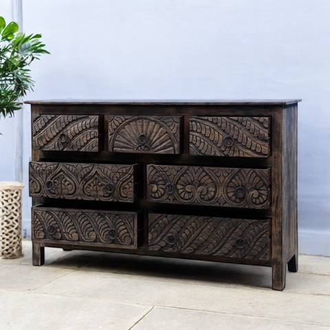 Dark Hand Carved Chest of Drawer