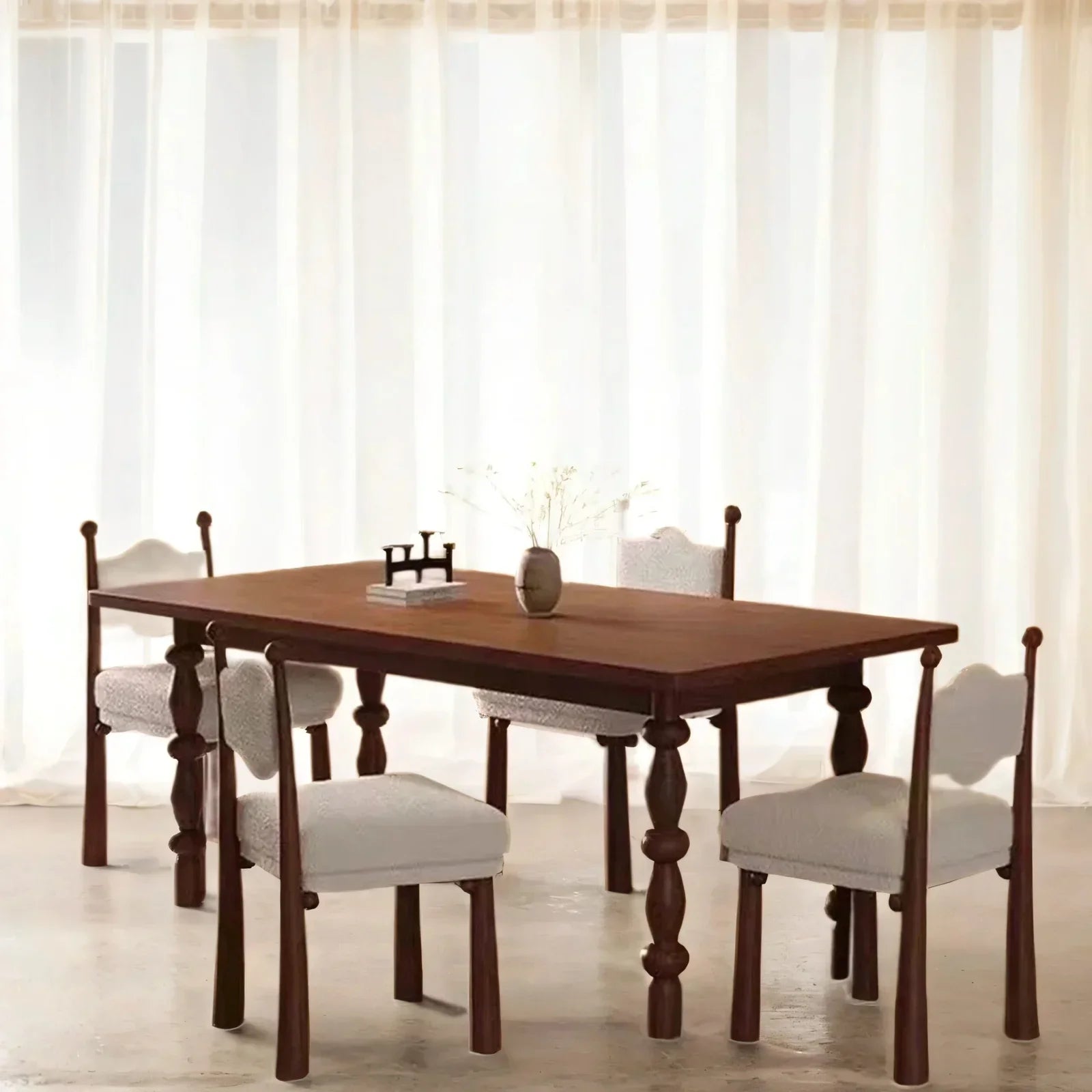 ModernaEra Mid Century Solid Wood Dining Set with Boucle Chairs – Versatile 4 & 6 Seater by J.L.HOME DECOR