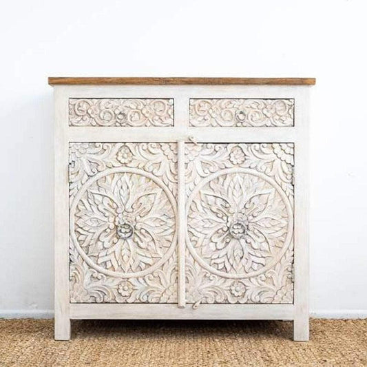 Distressed Floral Hand Carved Wooden Cabinet