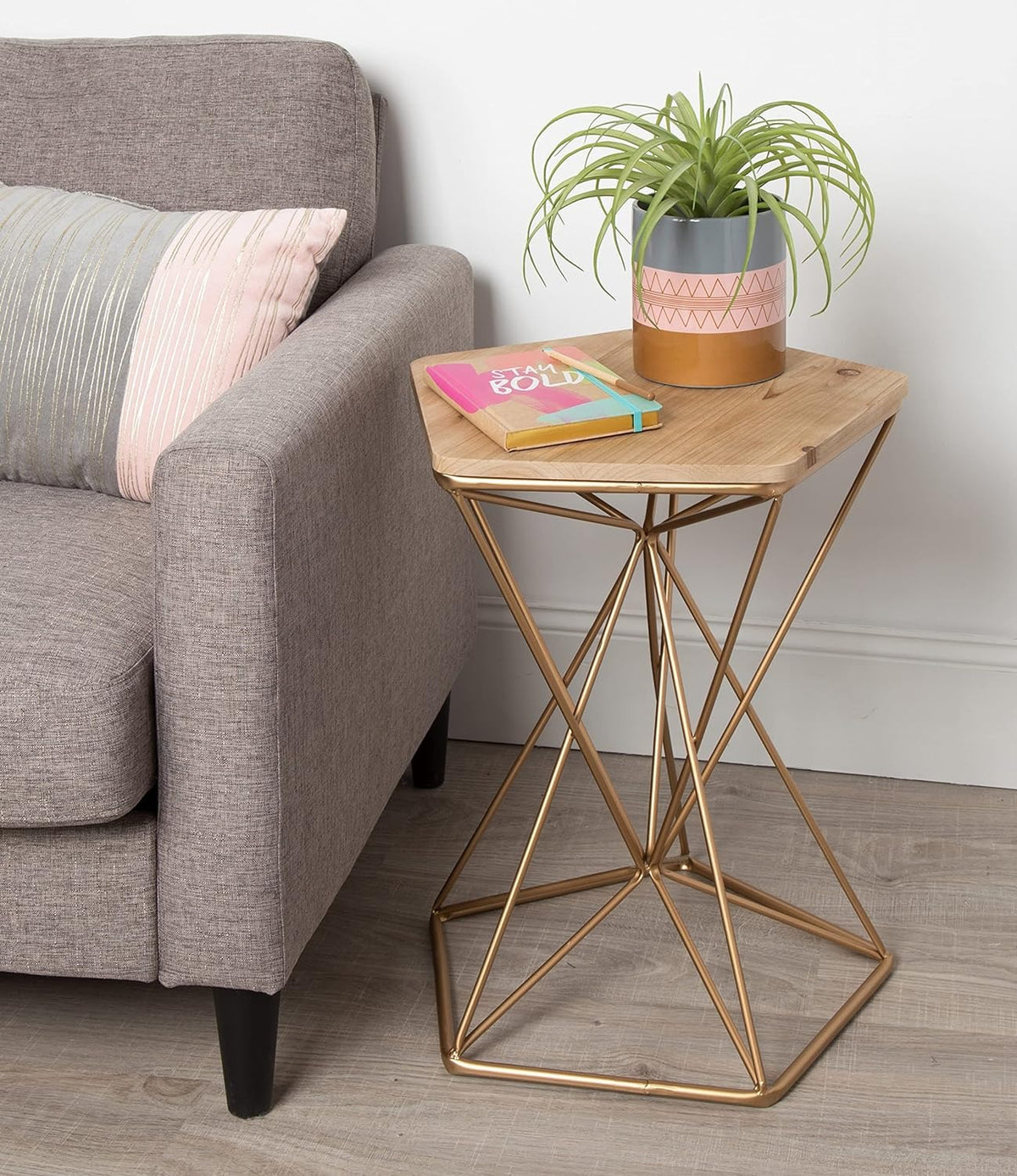 Hexagonal Side Table With Geometric Golden Base
