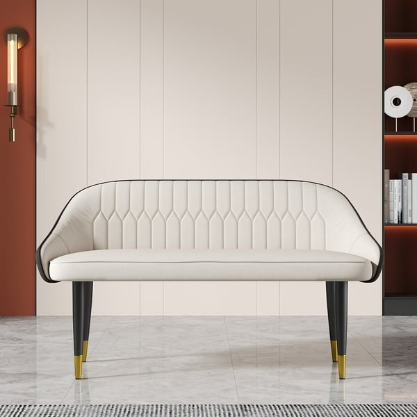 White & Gray PU Leather Dining Room Bench with Back Modern Upholstered Bench