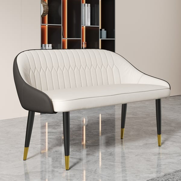 White & Gray PU Leather Dining Room Bench with Back Modern Upholstered Bench