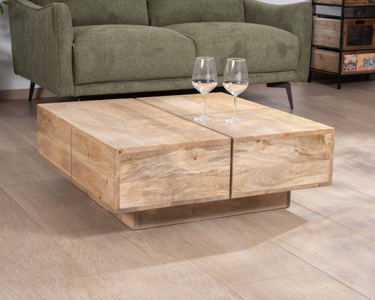 Contemporary style square coffee table in natural solid wood