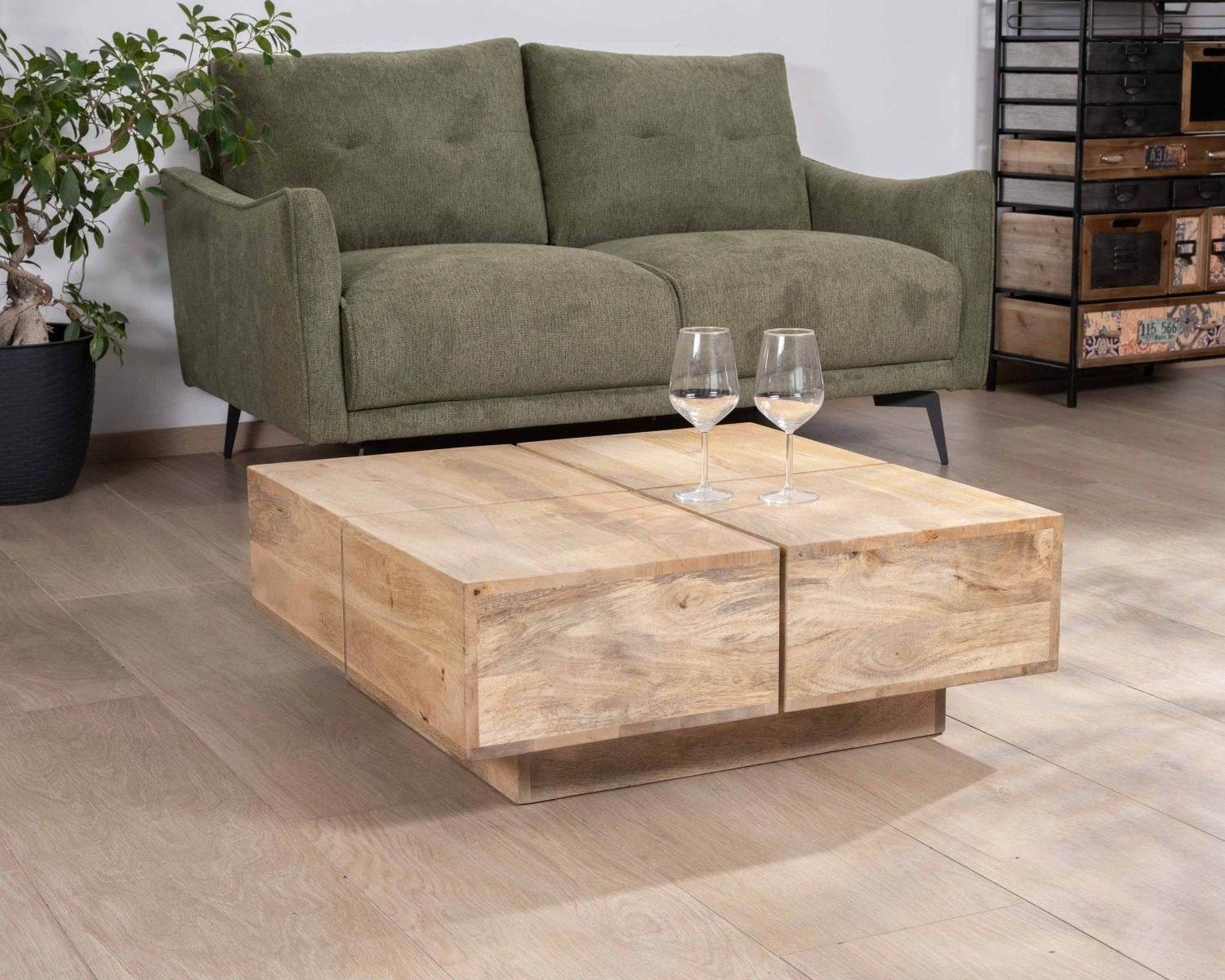 Contemporary style square coffee table in natural solid wood