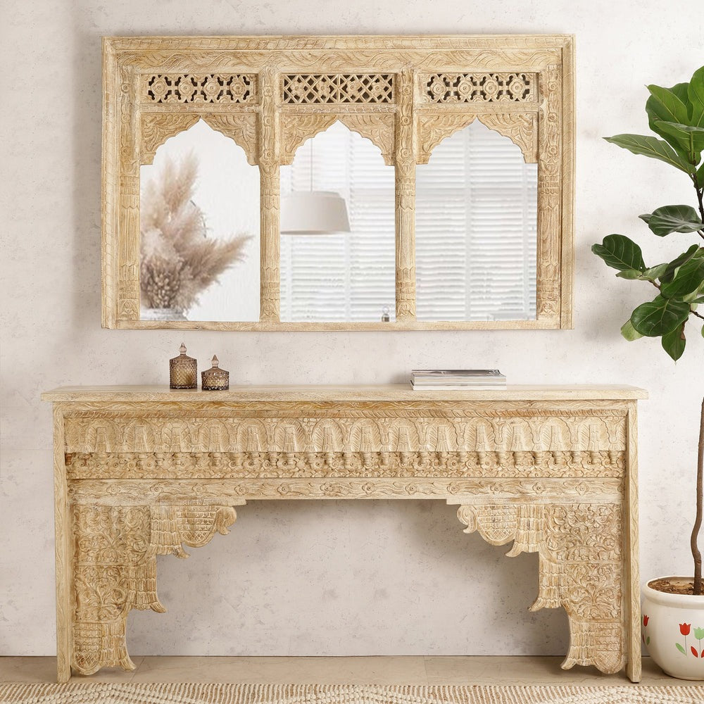 Jharokha Wooden Mirror/Panel and Console Table Cabinet