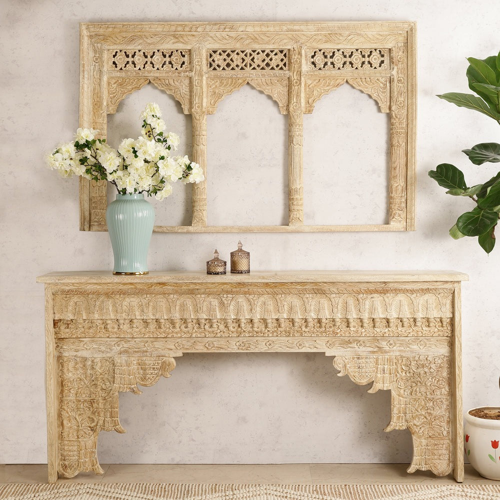 Jharokha Wooden Mirror/Panel and Console Table Cabinet
