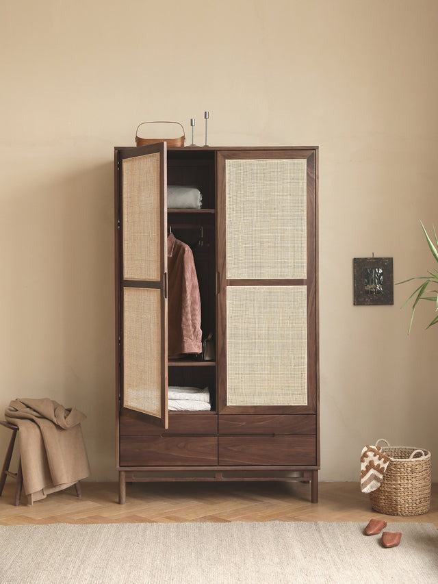 RATTAN SOLID WALNUT WARDROBE, WALNUT 2 DOOR WARDROBE, WALNUT WARDROBE CABINET