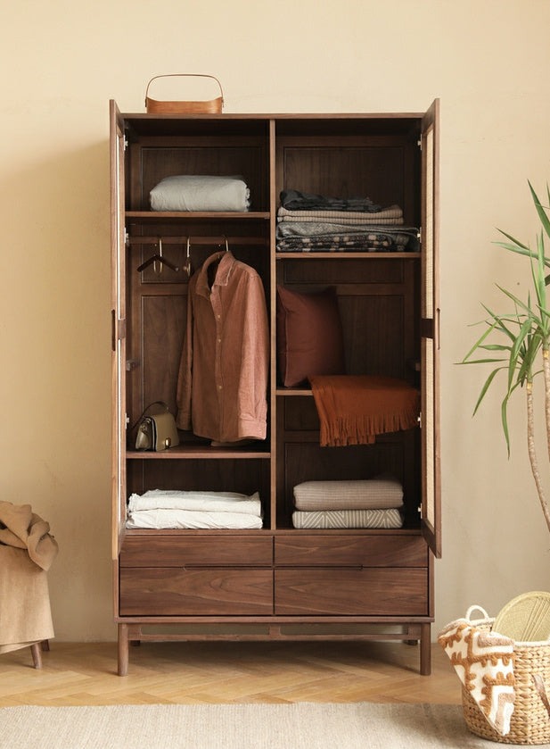 RATTAN SOLID WALNUT WARDROBE, WALNUT 2 DOOR WARDROBE, WALNUT WARDROBE CABINET