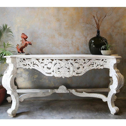 Antique Floral Motif Distressed Hand Carved Wooden Console