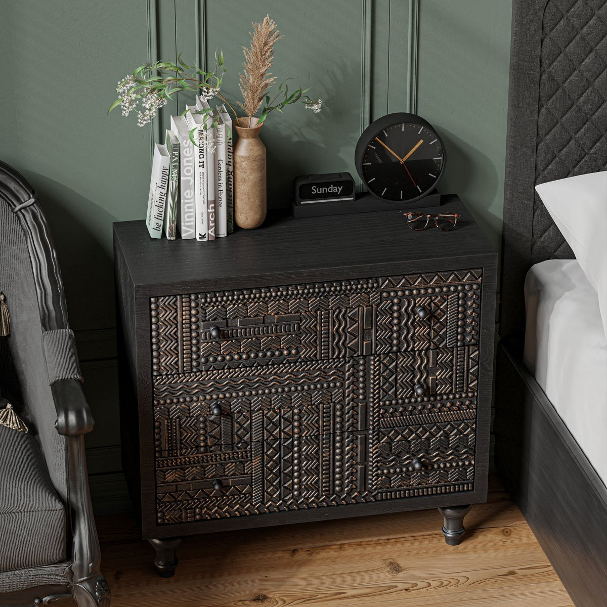DecoRelic Antique Black Mango Wood Bedside Dresser – Vintage 3-Drawer, Handcrafted by J.L.HOME DECOR
