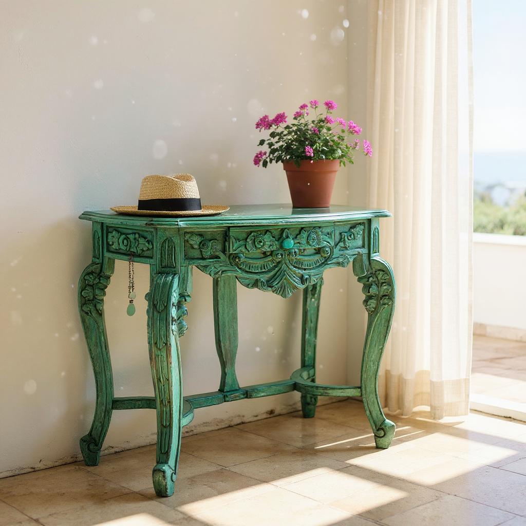 Mint Green Rustic Hand carving Drawer Console Table