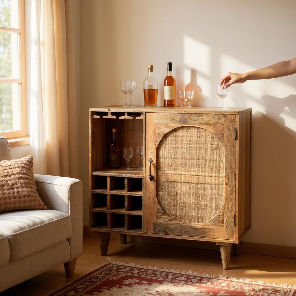 Rattan Natural Solid Wood Bar Cabinet