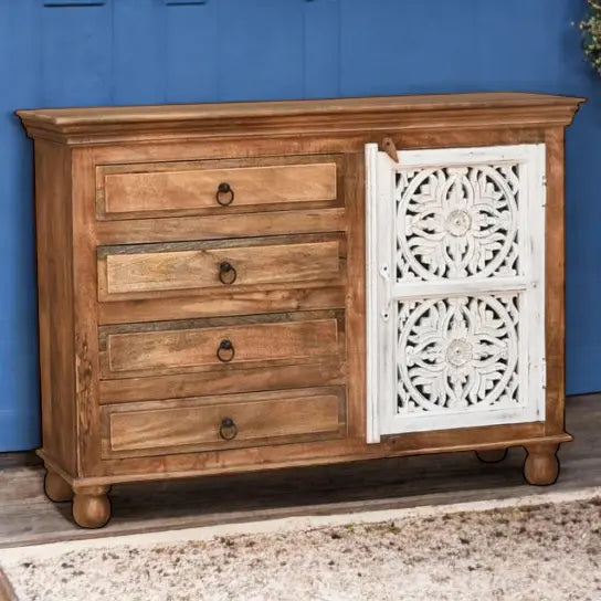 Natural With White Door Solid Wood Chest Of Drawer Cabinet  Artisan Craftsmanship jlhomedecor2021.myshopify.com