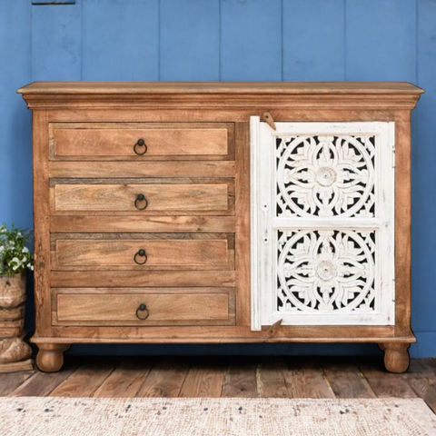 Natural With White Door Solid Wood Chest Of Drawer