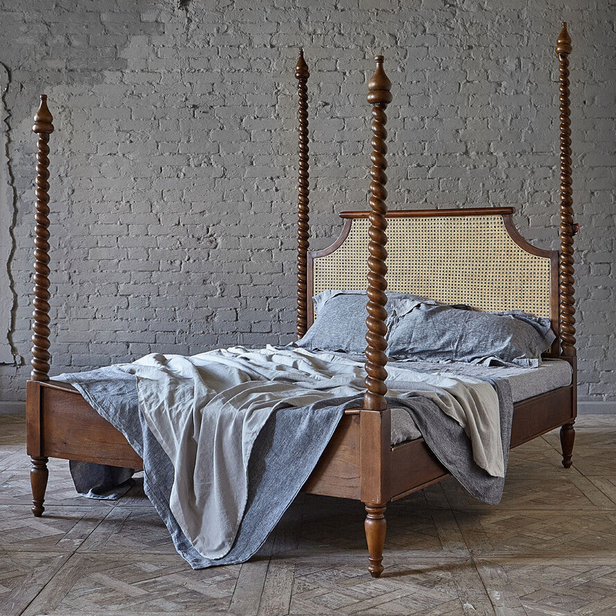 Royal Mango Wood Canopy Bed - Handcrafted 160cm Four Poster Bed with Cotton Upholstery