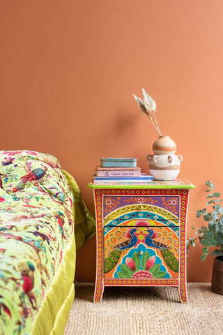 Handpainted Peacock Side Table for Bedroom | Bedside Table with Drawers | Wooden Rajasthani Bedside - J.L.HOME DECOR