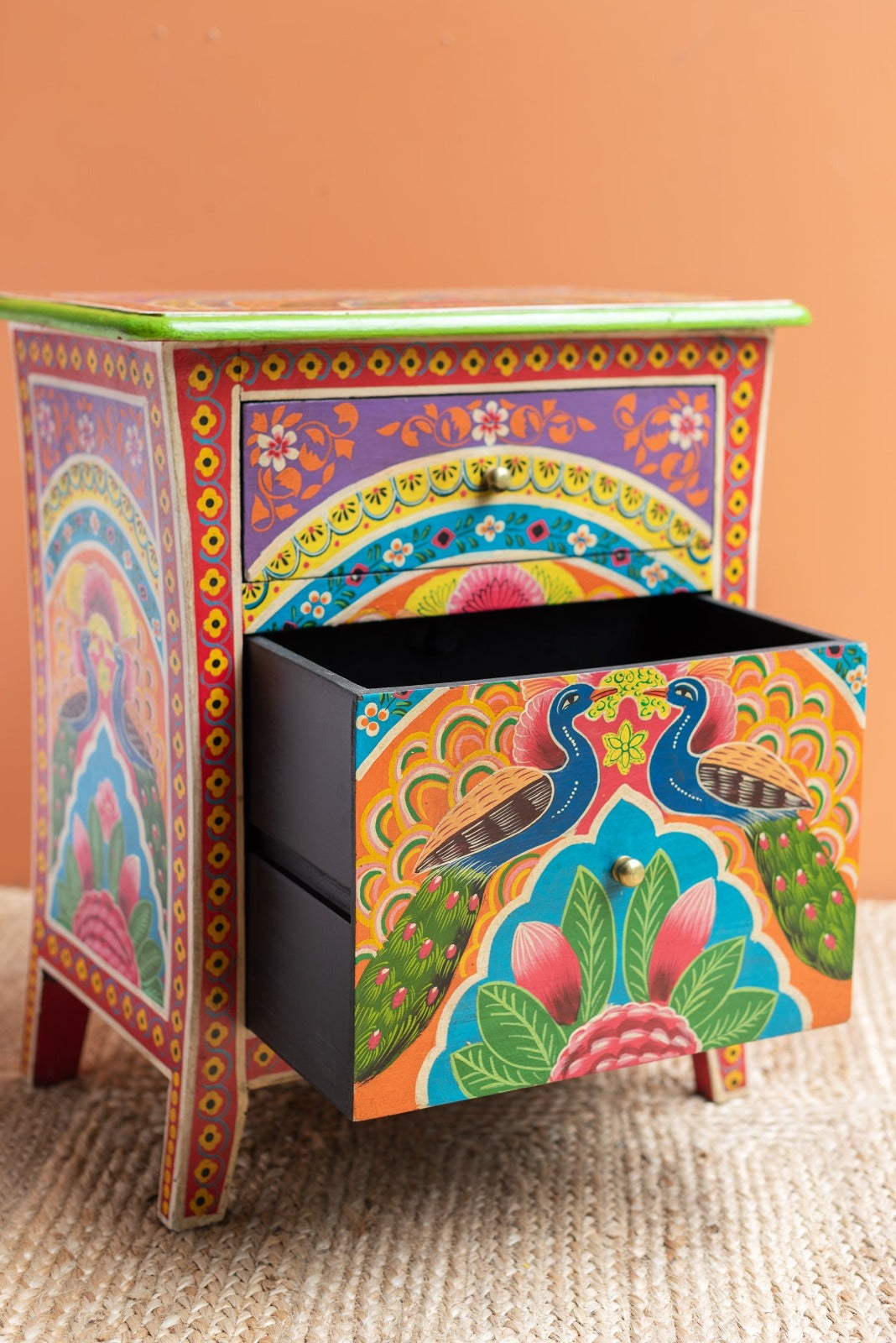 Handpainted Peacock Side Table for Bedroom | Bedside Table with Drawers | Wooden Rajasthani Bedside - J.L.HOME DECOR