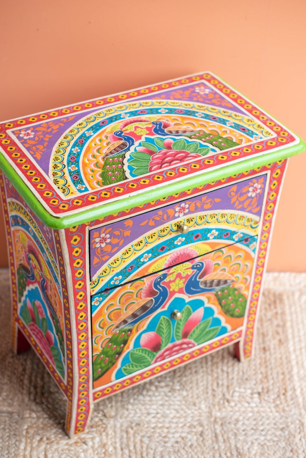 Handpainted Peacock Side Table for Bedroom | Bedside Table with Drawers | Wooden Rajasthani Bedside - J.L.HOME DECOR