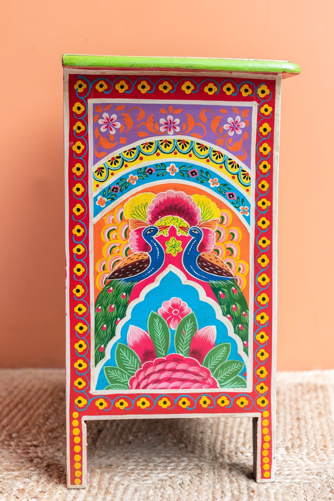Handpainted Peacock Side Table for Bedroom | Bedside Table with Drawers | Wooden Rajasthani Bedside - J.L.HOME DECOR
