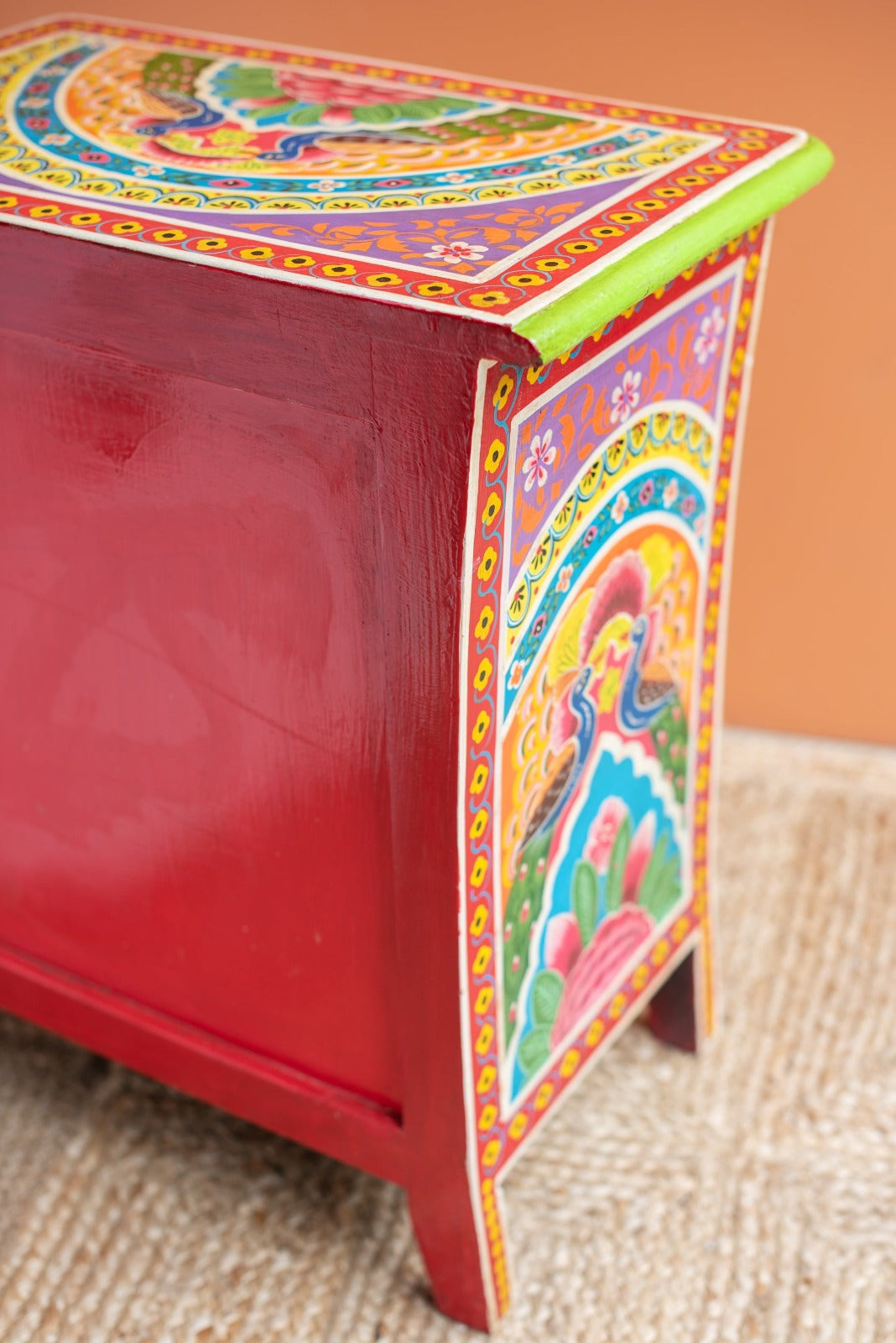 Handpainted Peacock Side Table for Bedroom | Bedside Table with Drawers | Wooden Rajasthani Bedside - J.L.HOME DECOR