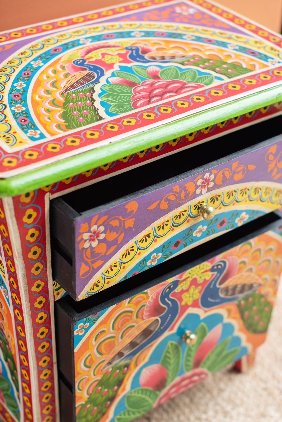 Handpainted Peacock Side Table for Bedroom | Bedside Table with Drawers | Wooden Rajasthani Bedside - J.L.HOME DECOR