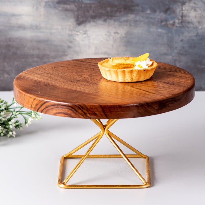 Round Teak Wood Cake Stand Gold - J.L.HOME DECOR