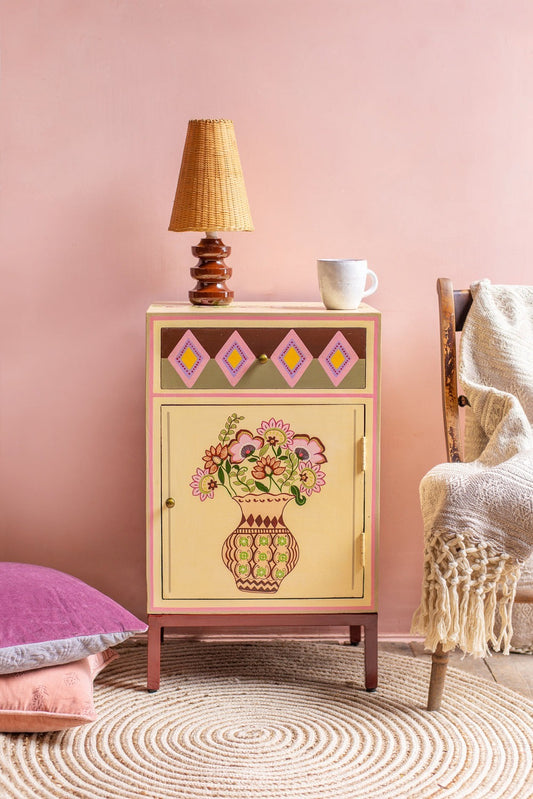 Jaipur Style Hand Painted Mango Wood Cabinet | Bedside Table with Drawers | Wooden Rajasthani Bedside - J.L.HOME DECOR