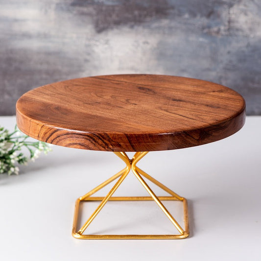 Round Teak Wood Cake Stand Gold - J.L.HOME DECOR