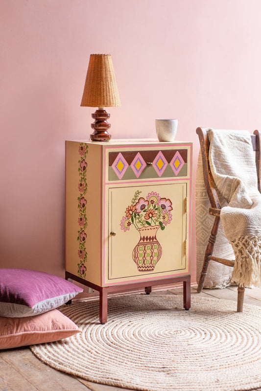 Jaipur Style Hand Painted Mango Wood Cabinet | Bedside Table with Drawers | Wooden Rajasthani Bedside - J.L.HOME DECOR