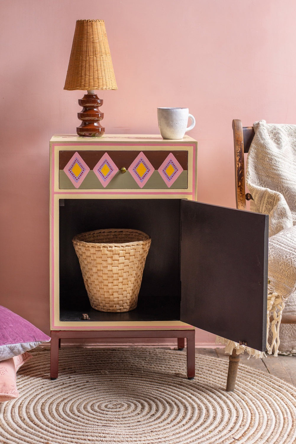 Jaipur Style Hand Painted Mango Wood Cabinet | Bedside Table with Drawers | Wooden Rajasthani Bedside - J.L.HOME DECOR
