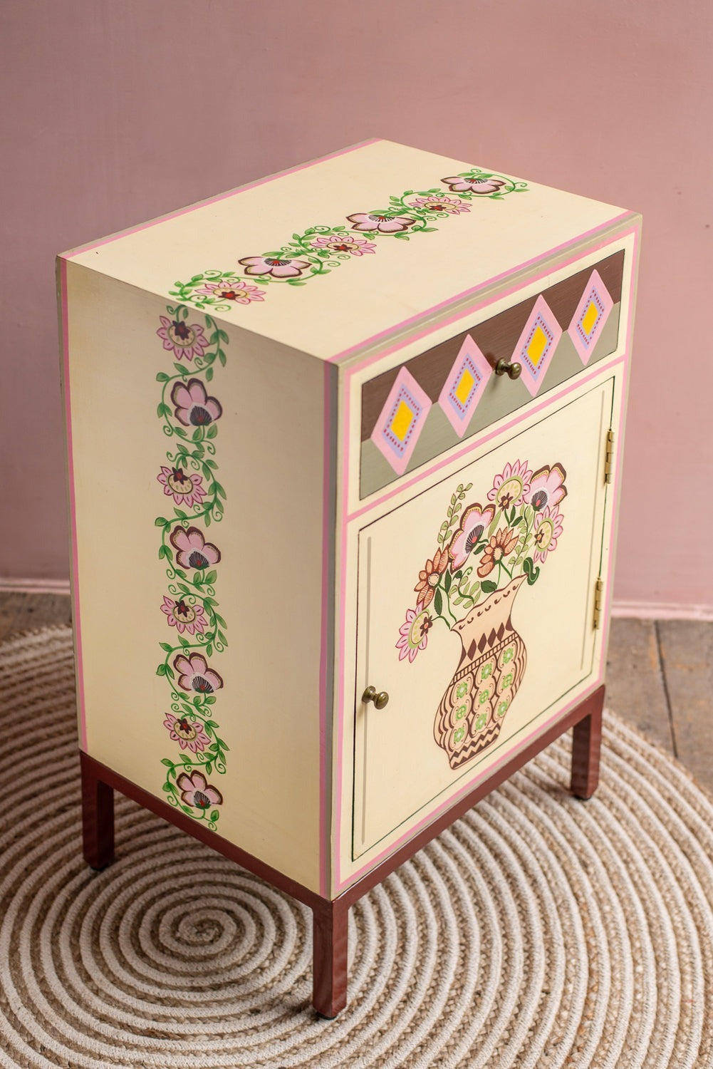 Jaipur Style Hand Painted Mango Wood Cabinet | Bedside Table with Drawers | Wooden Rajasthani Bedside - J.L.HOME DECOR