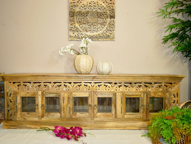 hand carved tv unit, solid mango wood tv stand, glossy timber tv unit, natural wood media console, openwork carved tv stand, 6 door tv unit, glass door tv stand, living room tv unit, entertainment center, tv cabinet, carved wood furniture, traditional tv stand, indian carved tv unit, statement media console, large tv stand, storage tv unit, handmade tv console, artisan made tv unit, premium wood furniture, quality wood tv stand, durable tv unit, sturdy media console, timeless tv stand, elegant tv unit, gran