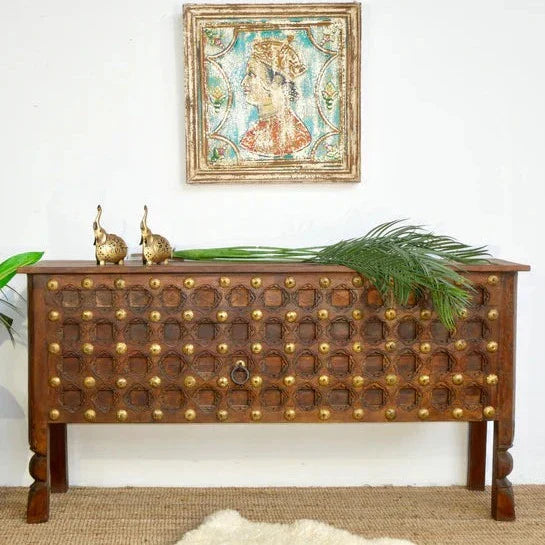 antique indian door console, hand carved console table, reclaimed wood console, brass work console, vintage door table, hall table, entryway console, hallway console, living room console, repurposed door furniture, architectural salvage console, carved wood console, indian antique furniture, heritage console table, unique console table, statement console, decorative console, one of a kind console, handmade console table, artisan made console, traditional indian console, vintage brass console, rustic console
