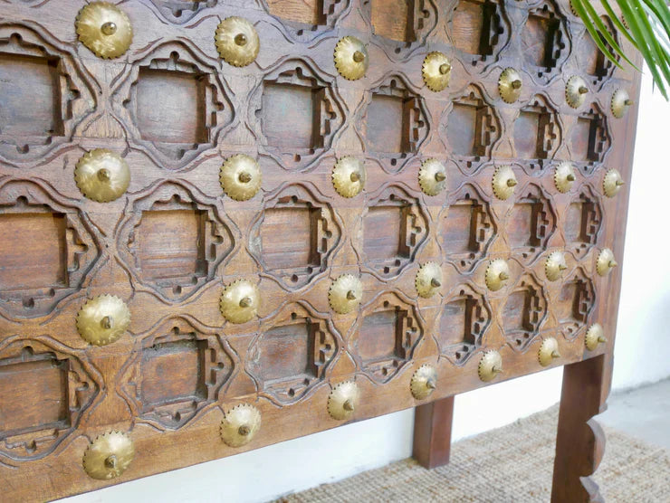 antique indian door console, hand carved console table, reclaimed wood console, brass work console, vintage door table, hall table, entryway console, hallway console, living room console, repurposed door furniture, architectural salvage console, carved wood console, indian antique furniture, heritage console table, unique console table, statement console, decorative console, one of a kind console, handmade console table, artisan made console, traditional indian console, vintage brass console, rustic console