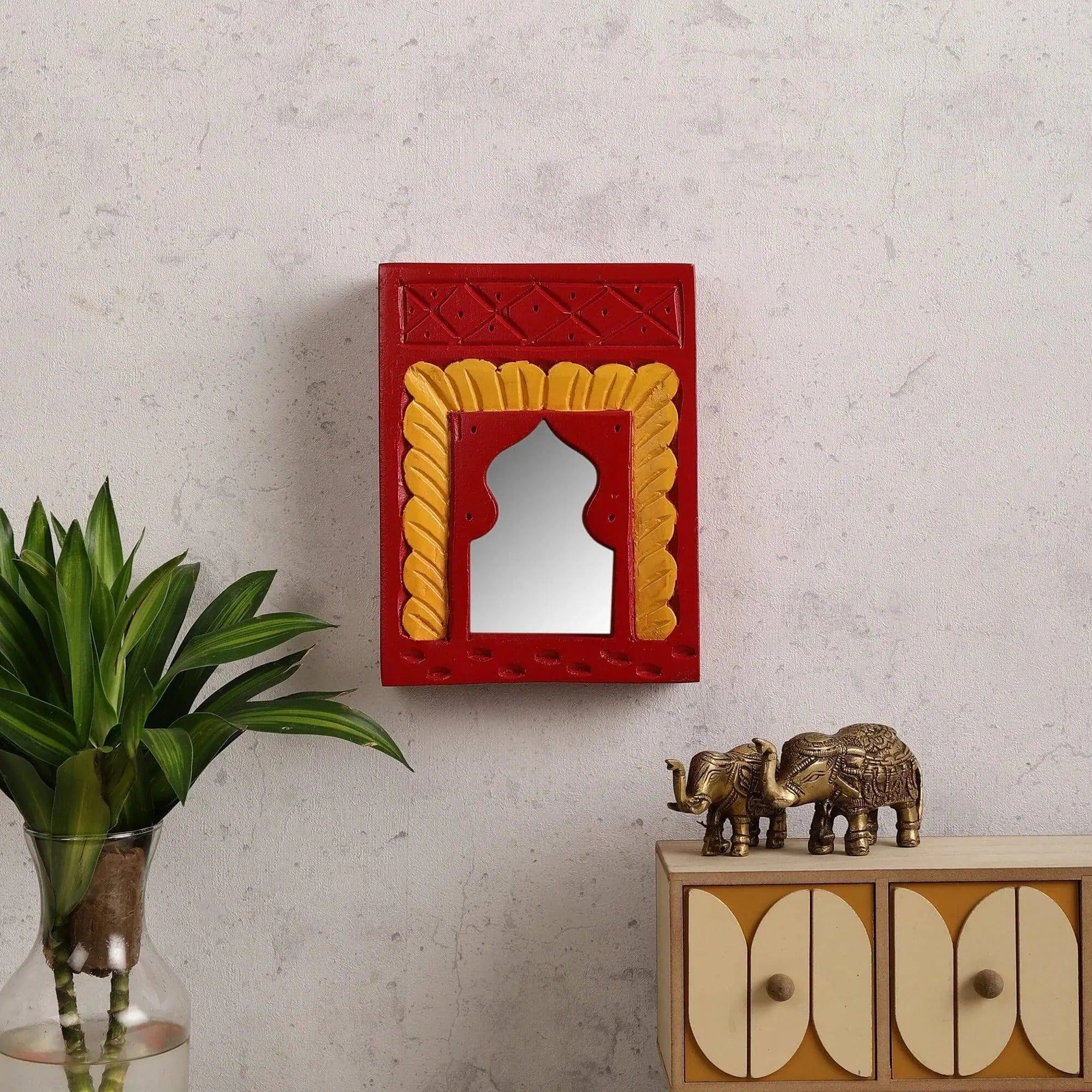Vintage Small Jharoka Mirror | rustic wall decor | vintage mirror frames |8.5x6.5 Inches Mirror Red aesthetic mirror jlhomedecor2021.myshopify.com