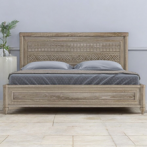 Grey Rustic Hand Carving Solid Wood Bed