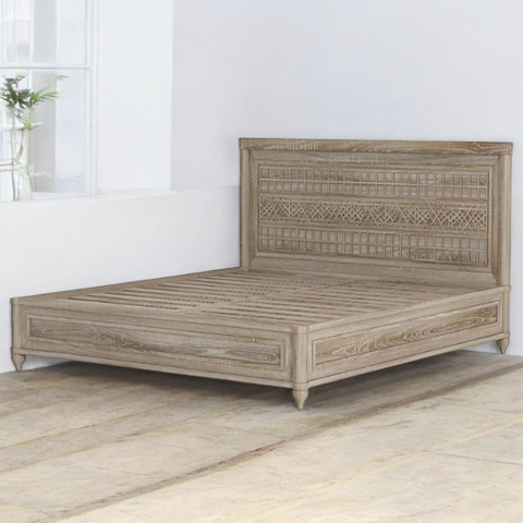 Grey Rustic Hand Carving Solid Wood Bed