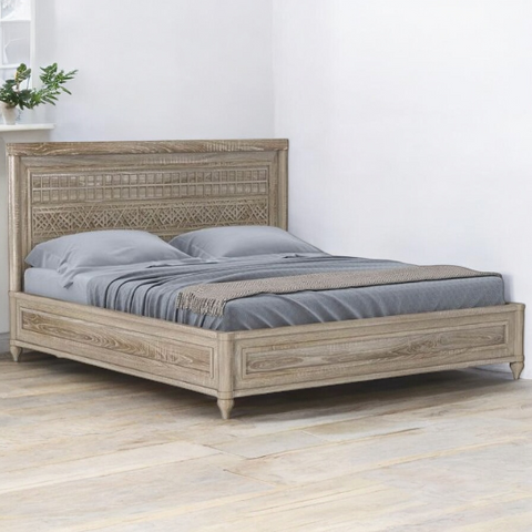 Grey Rustic Hand Carving Solid Wood Bed