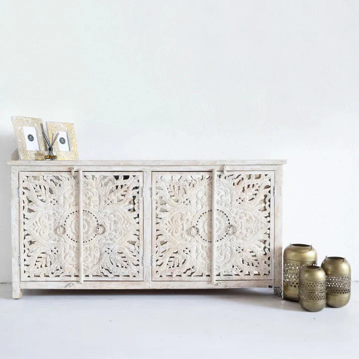 hand carved sideboard, mango wood sideboard, white wash sideboard, 4 door sideboard, openwork sideboard, lotus carved sideboard, buffet sideboard, indian carved furniture, storage sideboard, dining room buffet, living room sideboard, entryway sideboard, statement sideboard, large sideboard, handmade sideboard, artisan made sideboard, premium wood buffet, quality wood furniture, durable sideboard, sturdy buffet, timeless sideboard, elegant buffet, grand sideboard, heirloom buffet, coastal sideboard, shabby c