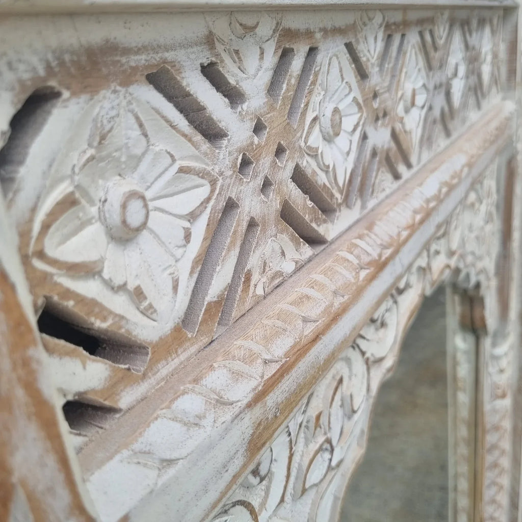 hand carved mirror, solid wood mirror, rustic white mirror, distressed white mirror, horizontal mirror, wall mirror, mehrab arch mirror, arched mirror, jali lattice mirror, entryway mirror, console mirror, living room mirror, bedroom mirror, decorative mirror, indian furniture, handmade mirror, artisan made mirror, premium wood mirror, quality mirror, durable mirror, sturdy mirror, timeless mirror, elegant mirror, statement mirror, ornate mirror, unique mirror, sculptural mirror, focal piece mirror, handcra