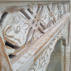 hand carved mirror, solid wood mirror, rustic white mirror, distressed white mirror, horizontal mirror, wall mirror, mehrab arch mirror, arched mirror, jali lattice mirror, entryway mirror, console mirror, living room mirror, bedroom mirror, decorative mirror, indian furniture, handmade mirror, artisan made mirror, premium wood mirror, quality mirror, durable mirror, sturdy mirror, timeless mirror, elegant mirror, statement mirror, ornate mirror, unique mirror, sculptural mirror, focal piece mirror, handcra