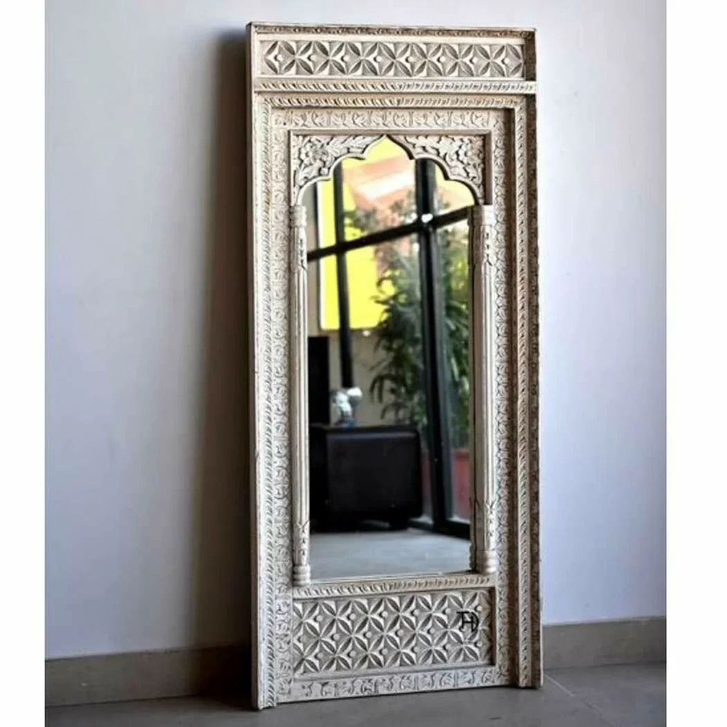 hand carved mirror, wooden frame mirror, silver mirror, full length mirror, floor mirror, wall mirror, mehrab arch mirror, arched mirror, jali frame mirror, geometric mirror, indian furniture, entryway mirror, bedroom mirror, dressing mirror, decorative mirror, handmade mirror, artisan made mirror, premium wood mirror, quality mirror, durable mirror, sturdy mirror, timeless mirror, elegant mirror, statement mirror, ornate mirror, unique mirror, sculptural mirror, focal piece mirror, handcrafted in india, su