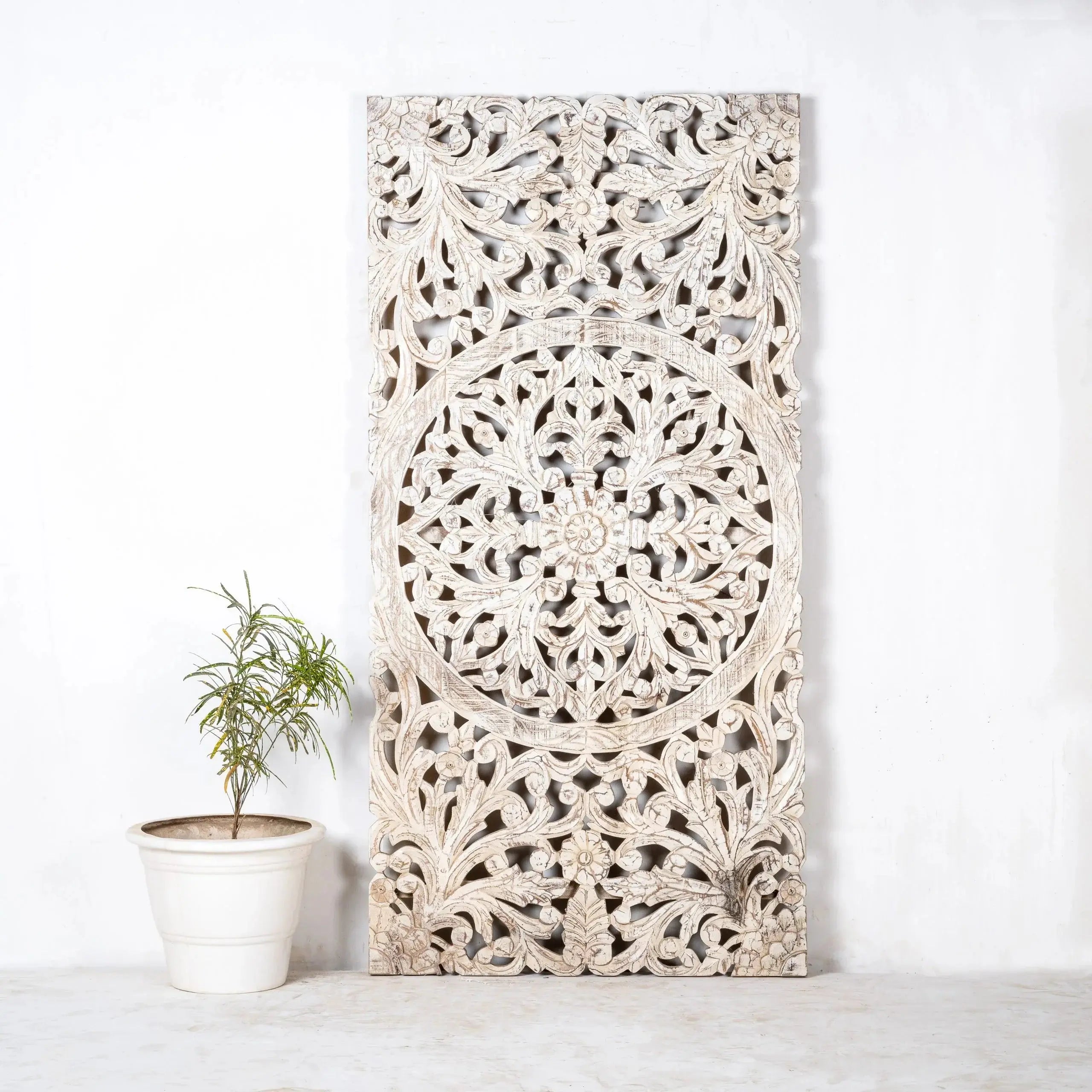 Hand‑Carved Solid Wood Wall Panel — Whitewashed, Vertical Mandala with Scrolling Acanthus, 60 × 140 × 5 cm Headboard  3D wall decor jlhomedecor2021.myshopify.com