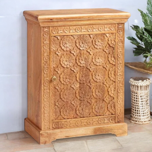 Hand Carved Floral Bedside Table