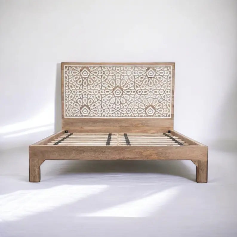 Aura Carved Bed | Handcrafted Mango Wood Bed with Intricate Headboard | King & Queen Sizes | Living Furn India Bed  artisan bed jlhomedecor2021.myshopify.com