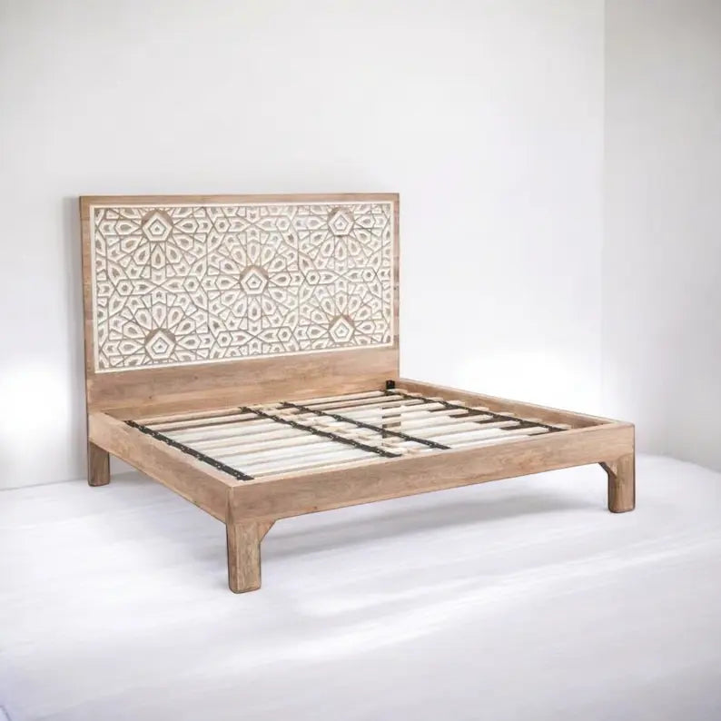 Aura Carved Bed | Handcrafted Mango Wood Bed with Intricate Headboard | King & Queen Sizes | Living Furn India Bed  artisan bed jlhomedecor2021.myshopify.com