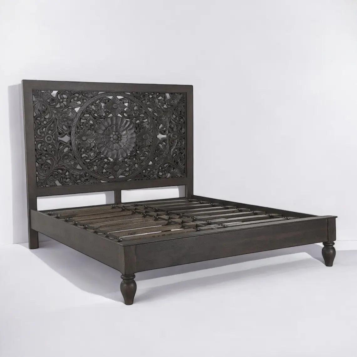 Mandala Carved Bed | Handcrafted Mango Wood Bed with Intricate Headboard | King & Queen Sizes | Living Furn India Bed  artisan bed jlhomedecor2021.myshopify.com