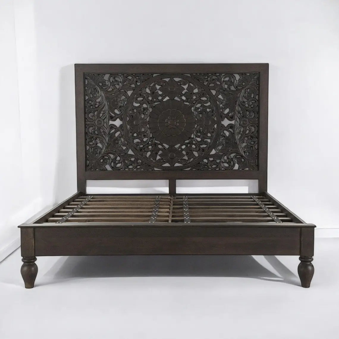 Mandala Carved Bed | Handcrafted Mango Wood Bed with Intricate Headboard | King & Queen Sizes | Living Furn India Bed  artisan bed jlhomedecor2021.myshopify.com