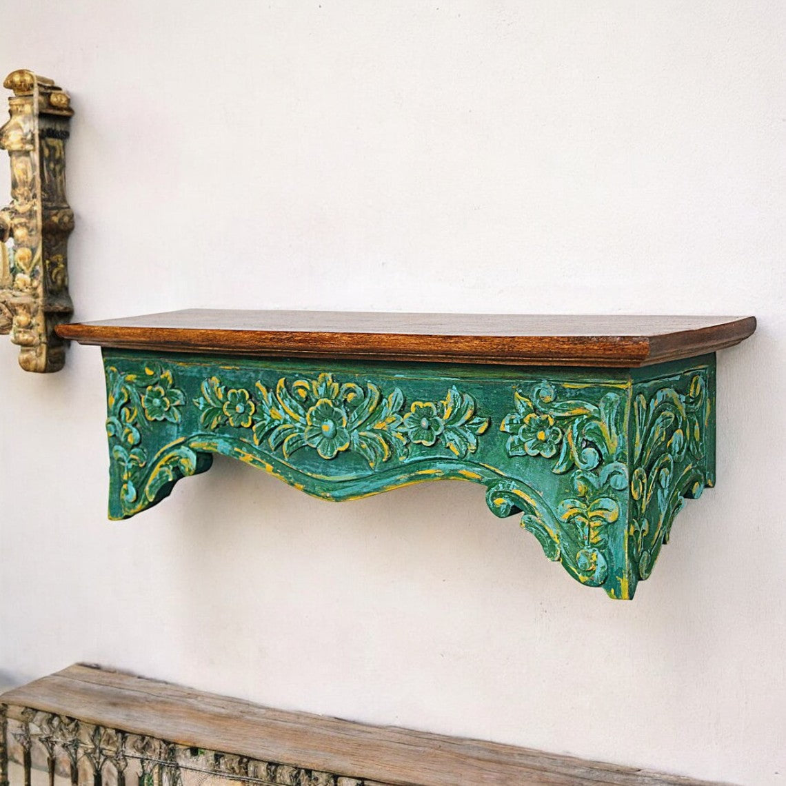 Jodhpur Hand-Carved Indian Vintage Wooden Wall Shelf - Rustic Floral Design, 24x8x7 Inch