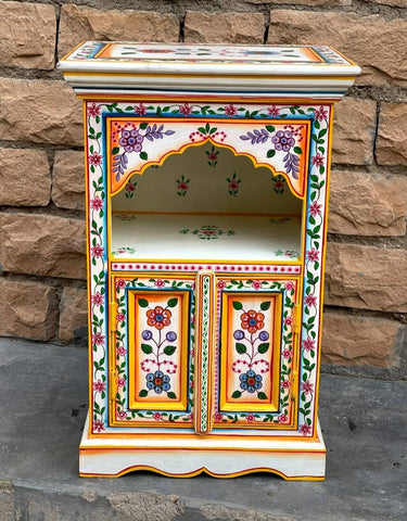 Indian Wooden Handmade Cream & Yellow Hand Painted Bedside Table, Home Decor Table,Bedroom Table,Side Table By J.L.HOME DECOR - J.L.HOME DECOR
